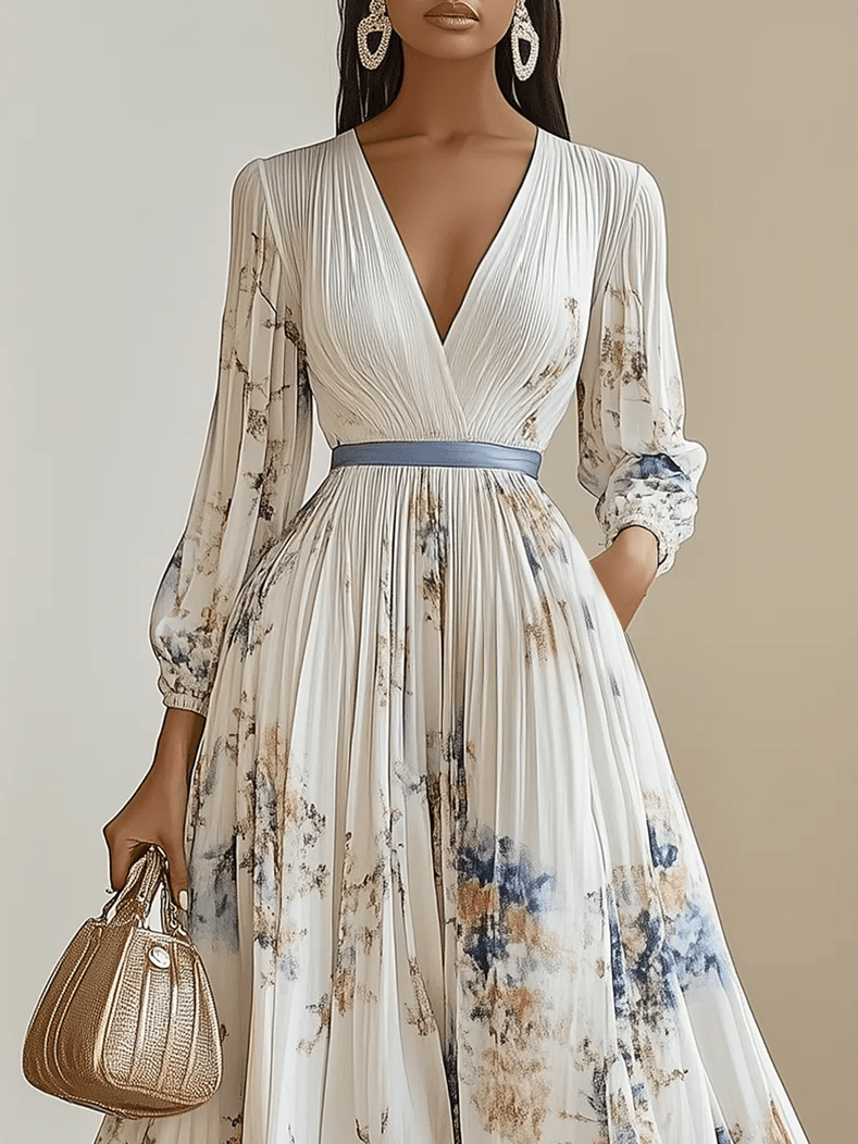 Amalia | Robe Maxi Chiffon à Fleurs Blanches avec Manches Bouffantes