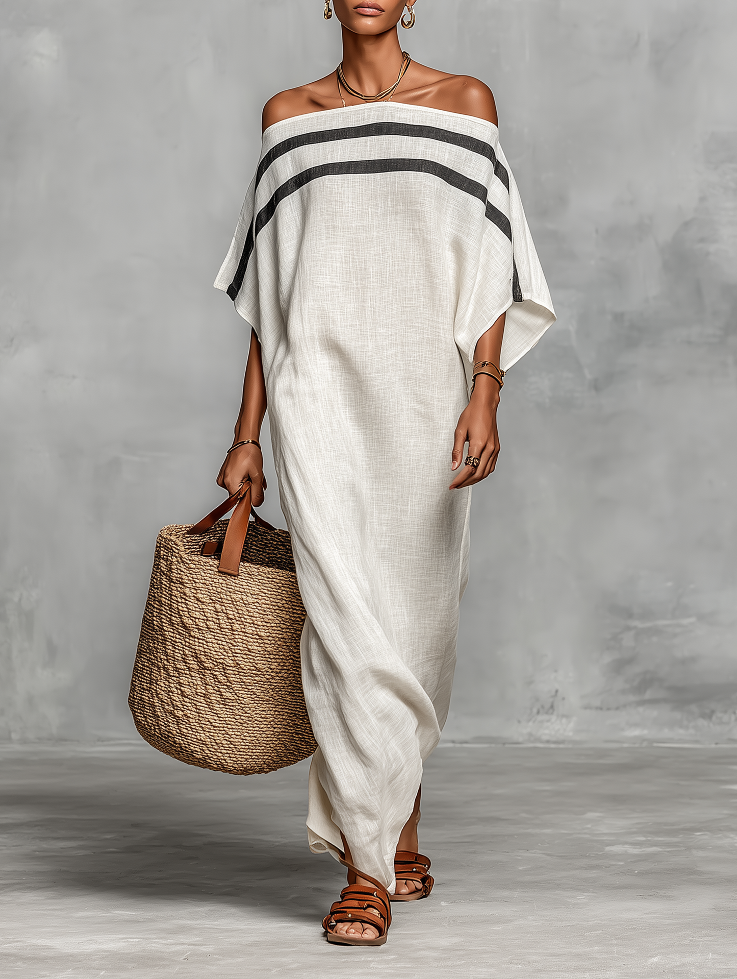 Robe Maxi Minimaliste pour Femmes avec Encolure Bardot et Manches Chauve-Souris