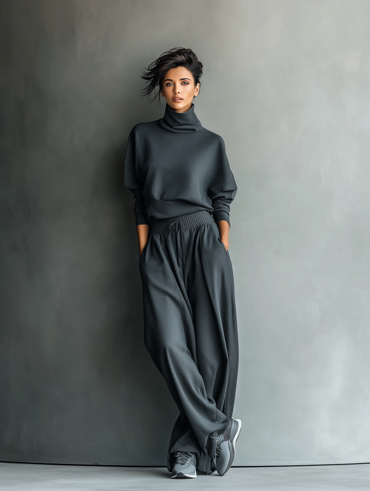 Ensemble Tricot Charbon pour Femmes avec Col Montant et Pantalons Amples