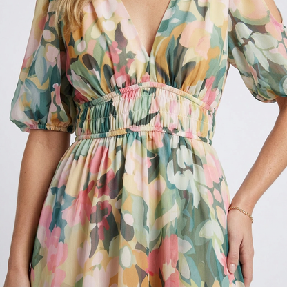 Eulalie | Robe midi à manches courtes et taille froncée en V
