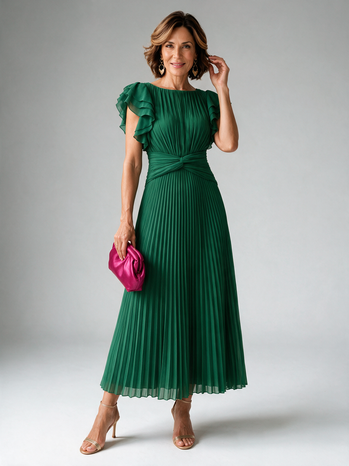 Neila | Pleated Flutter-Sleeve Maxi Dress