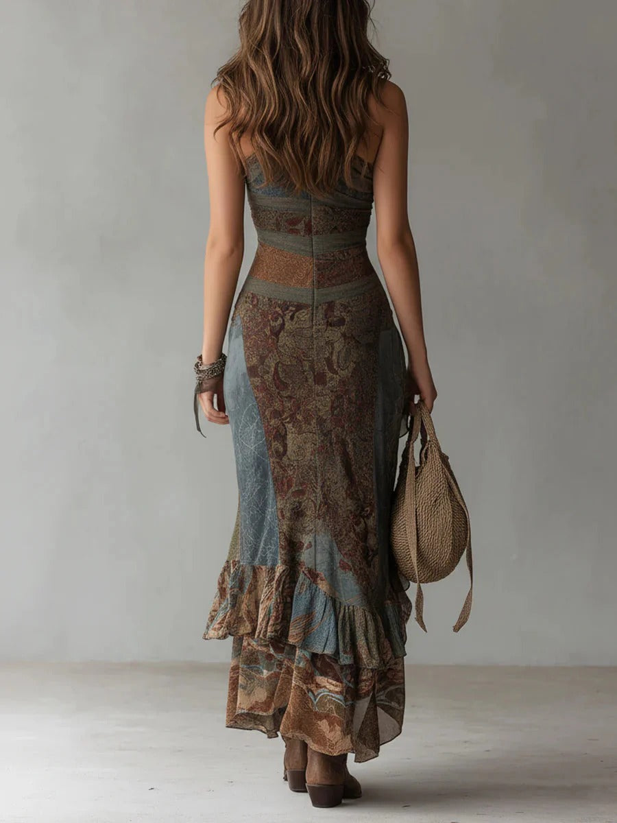 María | Robe longue asymétrique avec imprimé ethnique et fente latérale